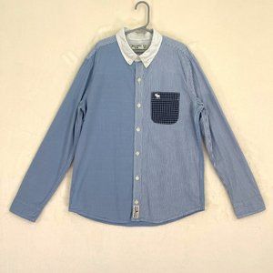 Abercrombie Kids Boys Button Up Shirt Size 13-14 Blue White Striped Long Sleeve
